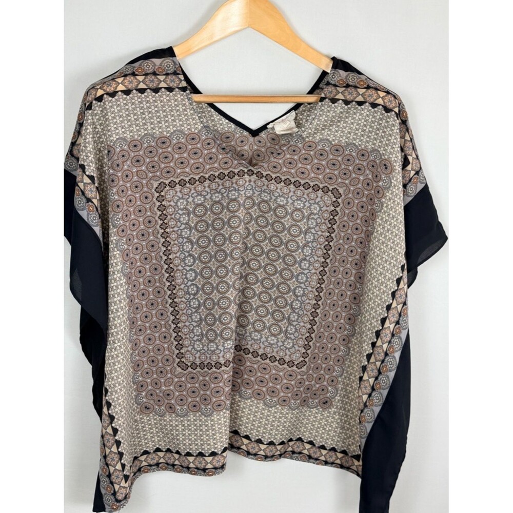 Mystree S/M Sheer Boho Scarf Print Poncho Blouse Earth Tone Flowy Cover Up Top